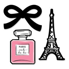 the eiffel tower is next to a pink bottle with a bow on it