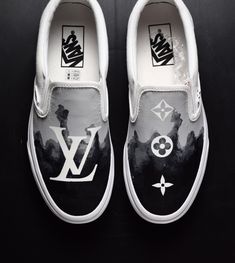 Canvas Shoes Painting, Vans Customized, Painted Vans Slip On, Custom Vans Slip On, Painted Louis Vuitton, Custom Slip On Vans, Customized Vans, Custom Painted Vans