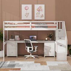 a white loft bed with desk and chair in a room next to a rug on the floor