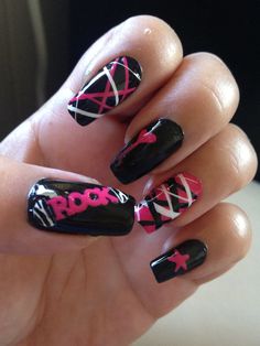 Jelly Roll Concert Nails, Metallica Nail Art, Rock Concert Nails Ideas, Rock And Roll Nails Ideas, 80s Rock Nails, P!nk Concert Nails, Rock N Roll Nails Designs