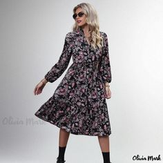 Olivia Mark - Floral Print Long Sleeve Dress Non-stretch Midi Dress For Fall, Non-stretch Mid-length Midi Dress For Fall, Modest Black Spring Midi Dress, Casual Winter Maxi Dress With Floral Print, Floral Print Midi Dress For Fall Day Out, Floral Print Midi Dress For Fall Date Night, Fitted Floral Print Midi Dress For Fall, Fall Floral Print Midi Dress For Date Night, Flowy Winter Midi Dress