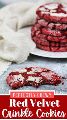 red velvet crinkle cookies are stacked on top of each other with the words, perfectly chewy red velvet crinkle cookies