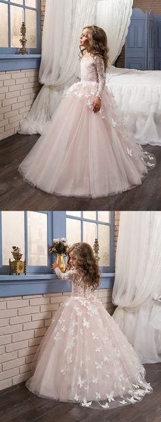 Elegant Scoop Neck Long Sleeve Lace Appliques A Line Flower Girl Dresses #flowergirldress #littlegirldress #princessdresses #wedding #flowergirls Birthday Dress Sweet 16, Fall Flower Girl, Fall Flower Girl Dresses, Inexpensive Wedding Dresses, Dresses Birthday, Applique Flower, Pink Ball Gown, Wedding Dresses For Kids