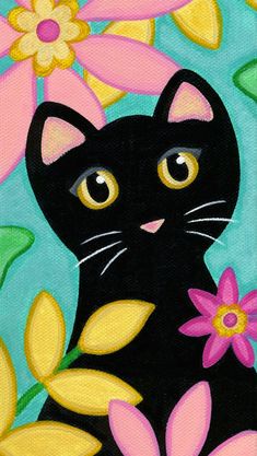 a painting of a black cat with yellow eyes and pink flowers on a blue background