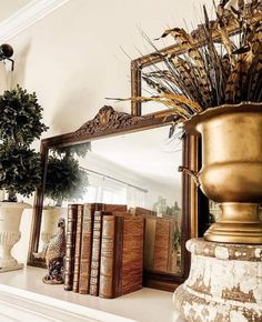 a mirror sitting on top of a mantle filled with books