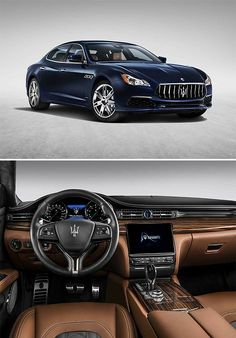 the inside and outside view of a maserage car with brown leather trims