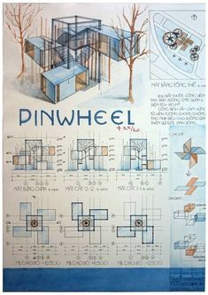 an architectural drawing of a house with blueprints and drawings on the outside wall