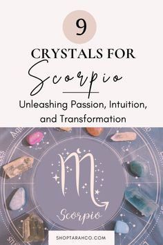 the zodiac sign for scorp is surrounded by rocks and crystals, with text overlay