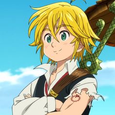 an anime character with blonde hair and green eyes is holding a wooden object in his hand