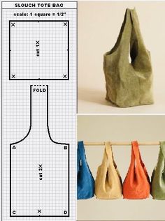 four bags are lined up next to each other on a clothes line, and one bag is in the shape of a rectangle