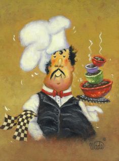 an oil painting of a chef with food