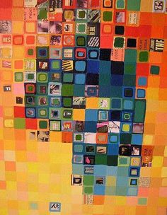 an abstract painting with many different colors and shapes on it's surface, including squares