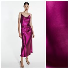 Nwt. Zara Dark Fuchsia Satin Effect Slip Midi Dress With Draped Neckline And Spaghetti Straps, Ruching Detail At Side, Hidden In-Seam Zipper Closure. Size S. Ref. 8490/899. Pit To Pit 16" Flat, Waist 14", Length 53". C. Purple Satin Midi Dress For Summer, Pink Satin Midi Dress For Date Night, Zara Pink Evening Midi Dress, Zara Pink Sleeveless Slip Dress, Zara Pink Midi Dress For Cocktail, Zara Pink Midi Slip Dress, Zara Pink Cocktail Midi Dress, Zara Pink Midi Dress For Formal Occasions, Zara Pink Cocktail Maxi Dress