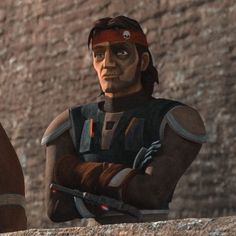 two animated characters standing next to each other in front of a brick wall and looking at the camera