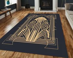 an art deco rug in the middle of a living room with a couch and fireplace