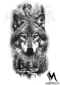 a wolf with blue eyes is shown in black and white, while the moon shines brightly