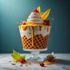 an ice cream sundae topped with whipped cream, strawberries and orange zest