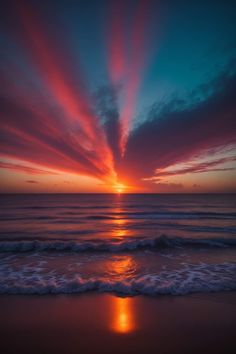 the sun is setting over the ocean with clouds in the sky