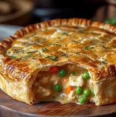 a chicken pot pie with peas and carrots on a wooden platter, ready to be eaten