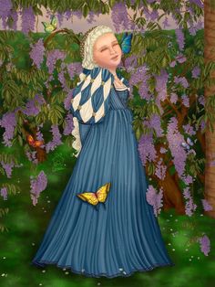 a painting of a woman in a blue dress with a butterfly on her shoulder and purple flowers around her neck