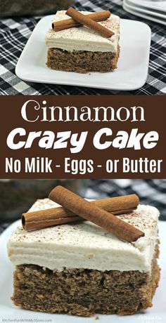 cinnamon crazy cake no milk - eggs or butter on a plate with cinnamon sticks in the middle