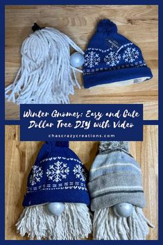 two knitted hats with snowflakes on them and the words winter gnomes easy and cute pattern free diy with video