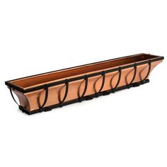 a long wooden planter with metal handles