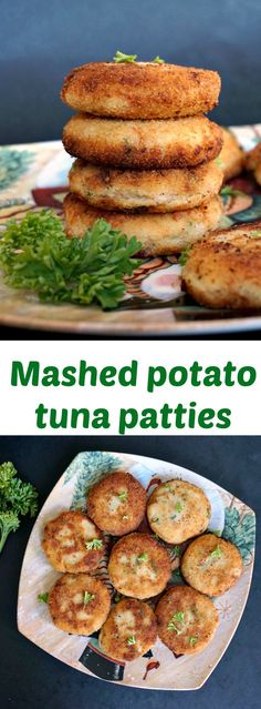 mashed potato tuna patties on a plate with parsley