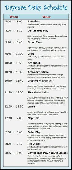 the day care daily schedule is shown in blue and black, with instructions for each child's activities