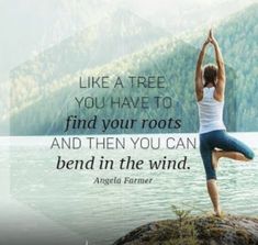 a woman doing yoga on top of a rock next to the water with a quote from angelia farmer