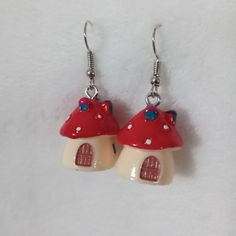 Red Mushroom House Earrings Red Mushroom Design Earrings Gift, Whimsical Red Drop Earrings, Fun Red Adjustable Earrings, Mushroom Outfit, House Earrings, Cream Earrings, Red Mushroom, Red Jewel, Mushroom House