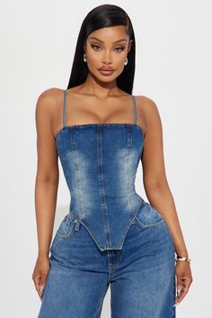 Available In Medium Wash And White. Denim Corset Top Sleeveless Adjustable Straps Seam Detail Square Neck V Hem Back Zipper Closure Stretch 69% Cotton 30% Polyester 1% Spandex Imported | Harley Denim Corset Top in Medium Wash size Small by Fashion Nova Dark Wash Denim Sleeveless Tank Top, Dark Wash Denim Tank Top, Stretch Sleeveless Medium Wash Denim Top, Trendy Fitted Sleeveless Denim Top, Blue Stretch Denim Tank Top, Trendy Stretch Sleeveless Denim Top, Trendy Sleeveless Stretch Denim Top, Fitted Dark Wash Tank Top For Summer, Stretch Denim Sleeveless Tank Top