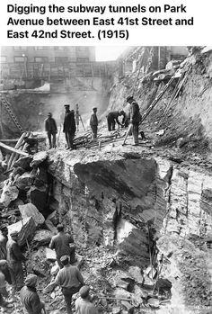 an old black and white photo of men digging in the rubble