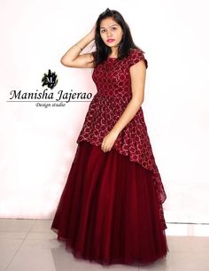 Red Long Frocks Indian, Ruby Dress Designs, Long Frocks For Women, Frock Models, Simple Frock Design