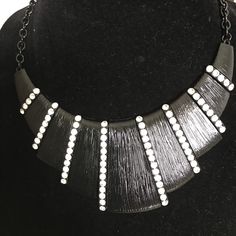 Black With Silver Rhinestones Elegant Black Rhinestone Necklace For Formal Occasions, Elegant Black Rhinestone Necklace For Formal Events, Glamorous Black Rhinestone Necklace For Evening, Elegant Black Rhinestone Necklace For Party, Black Rhinestone Fringe Jewelry For Party, Party Black Jewelry With Rhinestone Fringe, Party Black Rhinestone Fringe Jewelry, Big Silver Necklace, Element Necklace