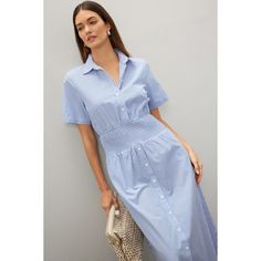 Blue striped cotton (100% Cotton). Casual dress. Collared. Front button closure. 50" from shoulder to hemline. Imported. Cotton Casual Dress, Rent The Runway, Striped Midi Dress, Closet Designs, Office Casual, Waist Dress, Strappy Sandals, Smocking, Casual Dress