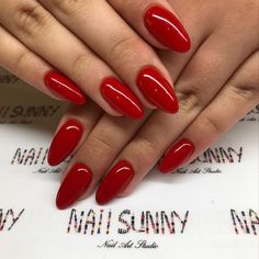 Shape Red Oval Nails, Red Acrylic Nails, Nails Design With Rhinestones, Red Nail Designs, Red Nail, Oval Nails, Acrylic Nail Designs