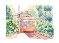 a watercolor painting of a train coming down the tracks with trees and flowers around it