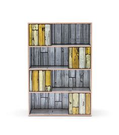 a book shelf with many books on it and some doors in the bottom section, all painted different colors