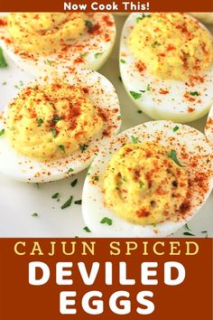 deviled eggs on a white plate with the words cajun spiced deviled eggs