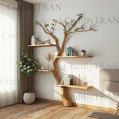 a living room with bookshelves and a tree on the wall