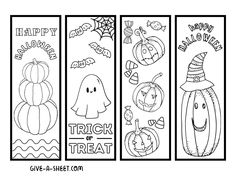 three halloween bookmarks with the words happy halloween and trick or treat