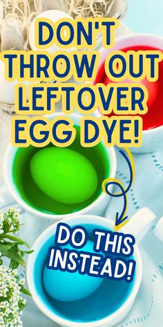 an egg dye advertisement is shown with eggs in bowls and baby's breath flowers