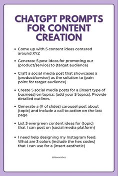 a purple and white poster with the words,'chatt prompts for content creation '