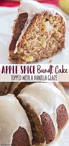 an apple spice bundt cake with vanilla glaze is cut in half on a white plate