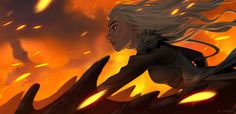 a woman with long white hair standing in front of flames