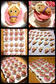 a collage of pictures with cupcakes and horse head decorations on them, including pink frosting