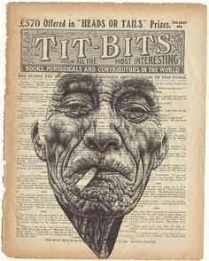 an old book page with a drawing of a man's face on top of it