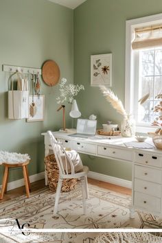 a white desk sitting next to a window in a room