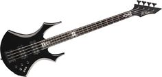 an electric bass guitar with black body and white frets on the neck, isolated against a white background